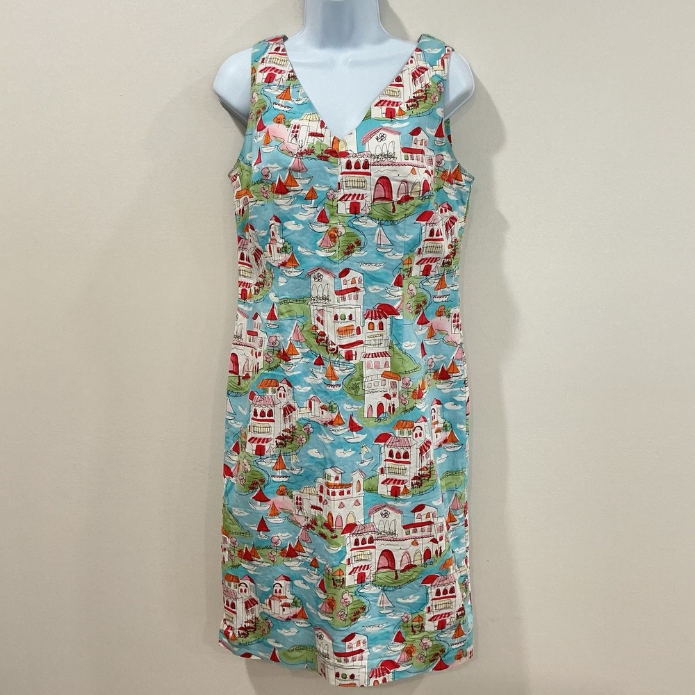 Talbots Scenic Village Shift Dress Sz 10P Blue/Pink/White Coastal Vacation